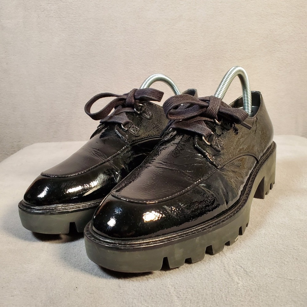Donald Pliner Emill Oxford Womens 8M‎ Black Patent Leather Lug Sole Goth Grunge - Picture 1 of 8
